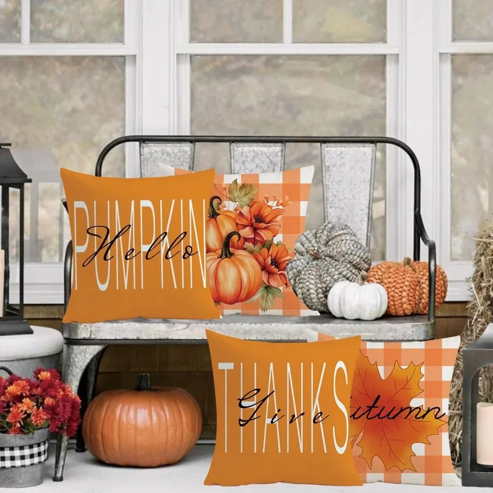 THANKSGIVING FALL FARMHOUSE AUTUMN PUNPKIN ACCENT PILLOW COVERS 4 PIECE SET NWT